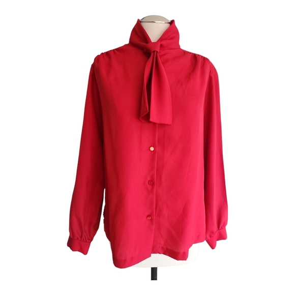VTG Alicia Red Necktie Secretary Blouse Button-Up Long Sleeve Women’s 14 - Picture 1 of 11